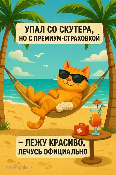 Кот на гамаке лечится по туристической страховке — мем