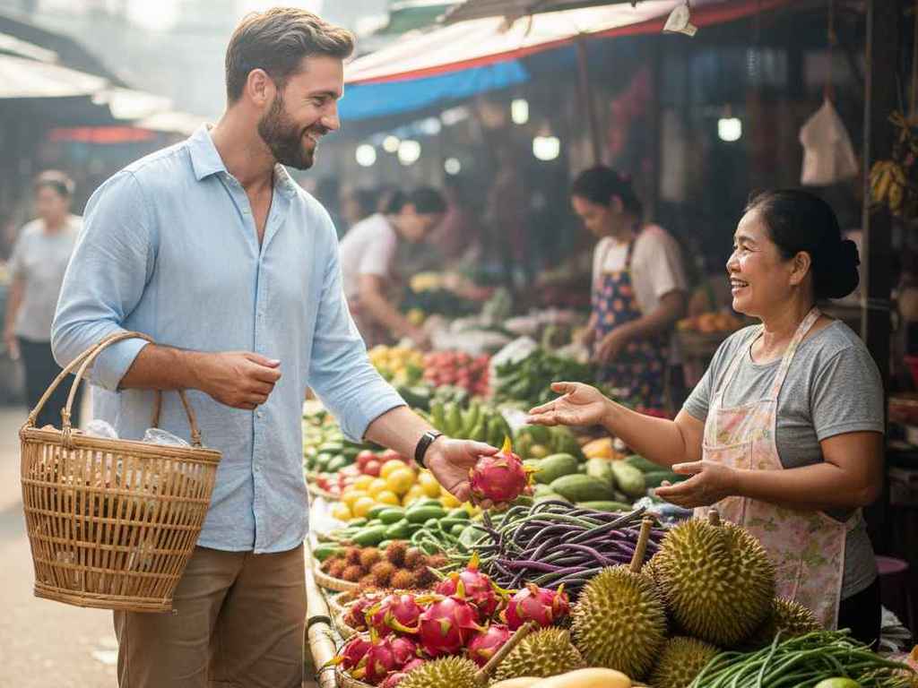 Экспат в Таиланде покупает продукты на местном рынке, что требует полноценной медицинской страховки для долгой жизни за границей