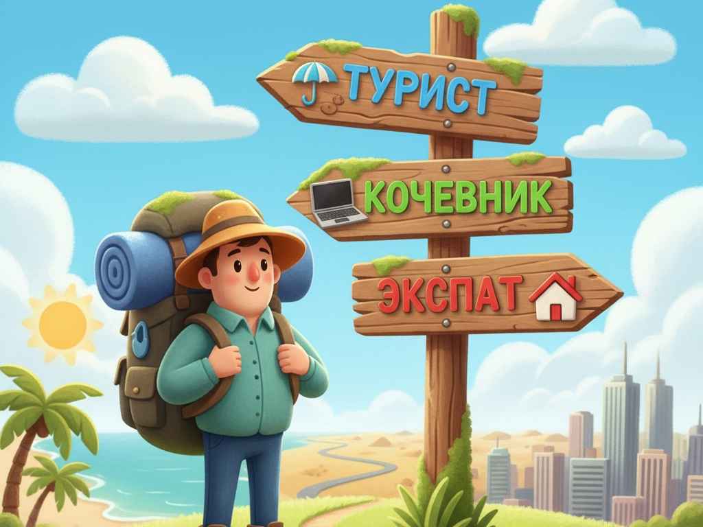 Путешественник выбирает, какая страховка ему нужна: для туриста, кочевника или экспата. Иллюстрация к статье о видах туристических страховок