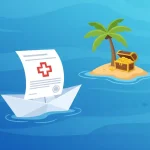 Иллюстрация, символизирующая возмещение по туристической страховке: бумажный кораблик, сделанный из документов для страховой выплаты, плывет по морю к острову с сундуком сокровищ.