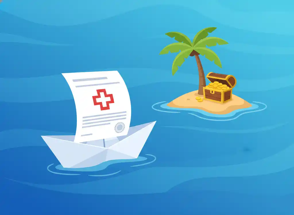 Иллюстрация, символизирующая возмещение по туристической страховке: бумажный кораблик, сделанный из документов для страховой выплаты, плывет по морю к острову с сундуком сокровищ.