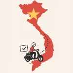 Иллюстрация: карта Вьетнама с маршрутом путешествия и туристом на скутере со страховкой.