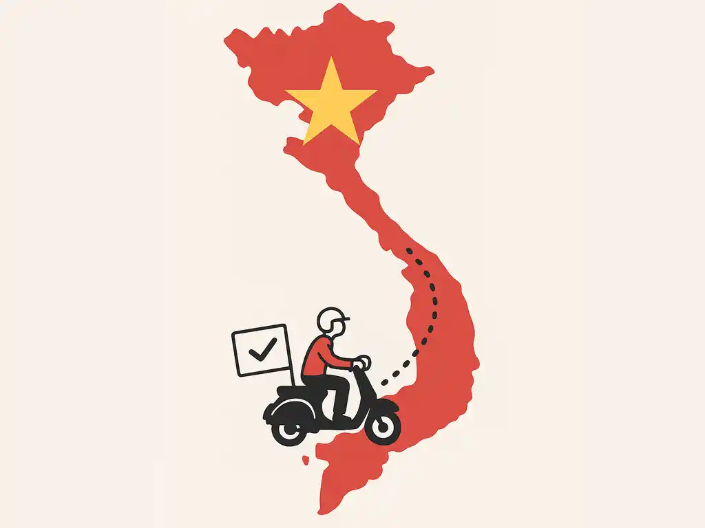 Иллюстрация: карта Вьетнама с маршрутом путешествия и туристом на скутере со страховкой.