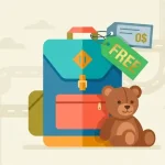 Туристический рюкзак с биркой «0$» и плюшевый мишка — иллюстрация бесплатной страховки для детей при путешествиях за границу