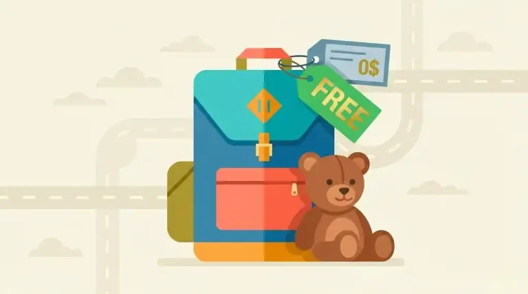 Туристический рюкзак с биркой «0$» и плюшевый мишка — иллюстрация бесплатной страховки для детей при путешествиях за границу