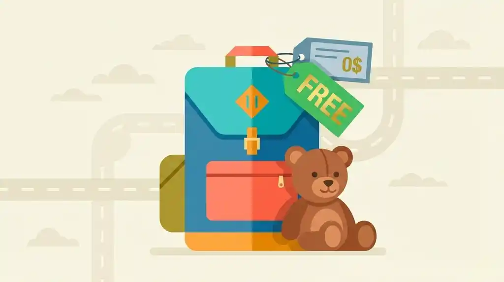 Туристический рюкзак с биркой «0$» и плюшевый мишка — иллюстрация бесплатной страховки для детей при путешествиях за границу