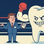 Ироничная иллюстрация к статье про экстренную стоматологию: боксерский поединок между огромным зубом и маленьким лимитом страховки в 200 долларов