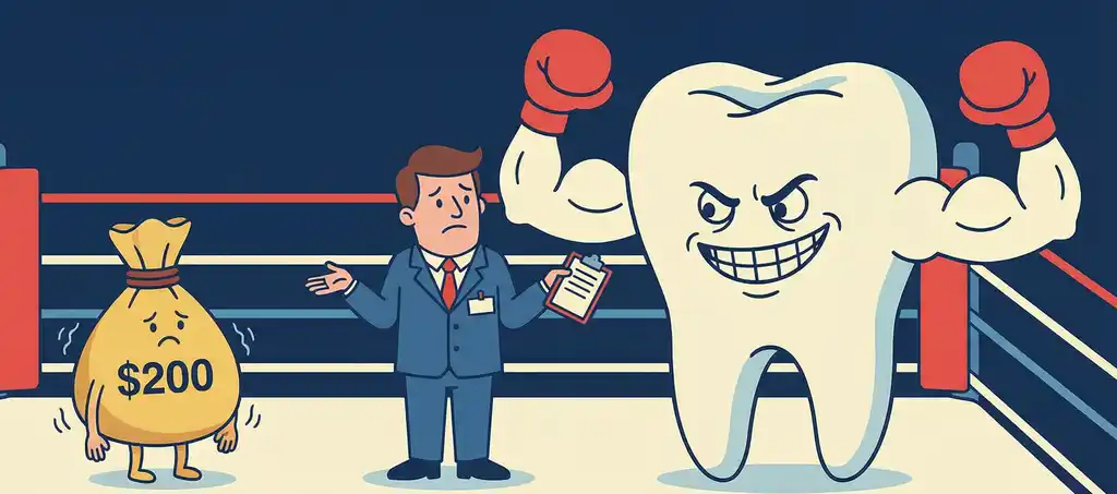 Ироничная иллюстрация к статье про экстренную стоматологию: боксерский поединок между огромным зубом и маленьким лимитом страховки в 200 долларов