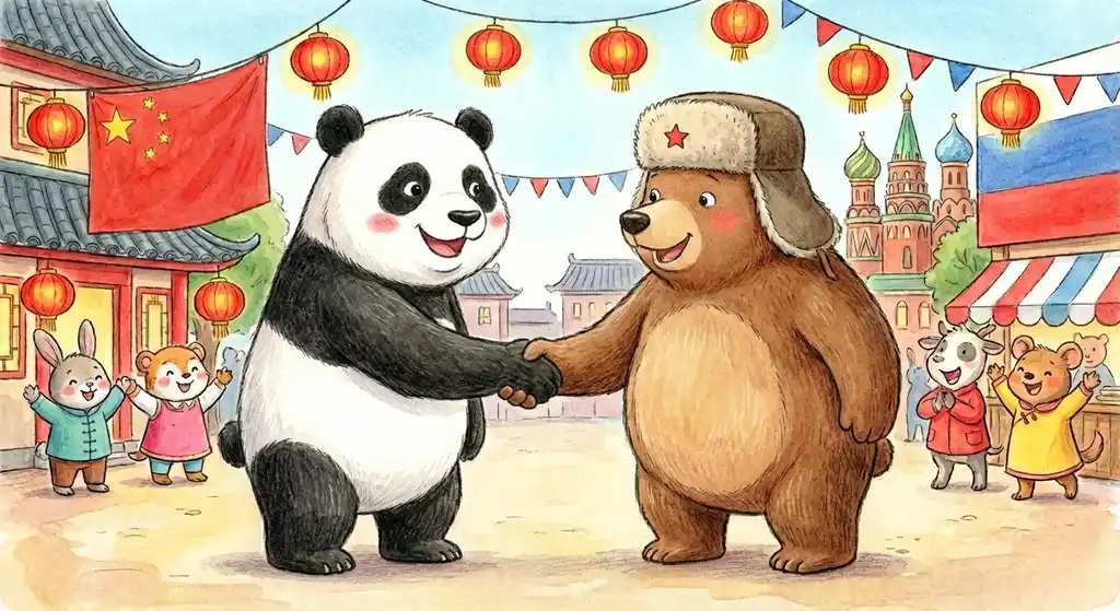 Иллюстрация дружбы России и Китая: панда и бурый медведь в шапке-ушанке жмут руки на фоне национальных флагов и достопримечательностей