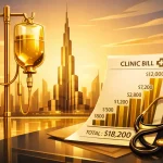 Золотая капельница на фоне Бурдж-Халифа — иллюстрация к статье о высокой стоимости медицины и выборе страховки в ОАЭ