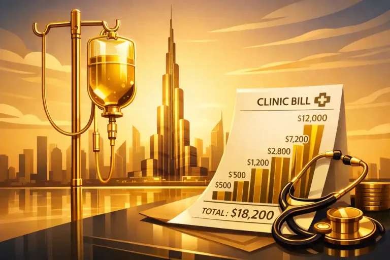 Золотая капельница на фоне Бурдж-Халифа — иллюстрация к статье о высокой стоимости медицины и выборе страховки в ОАЭ