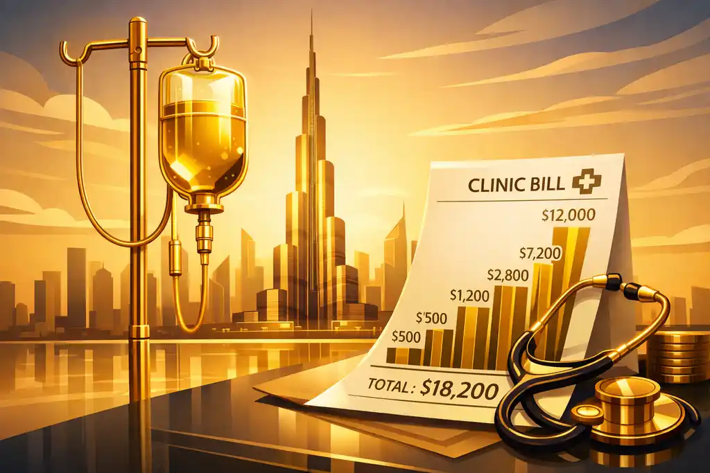 Золотая капельница на фоне Бурдж-Халифа — иллюстрация к статье о высокой стоимости медицины и выборе страховки в ОАЭ