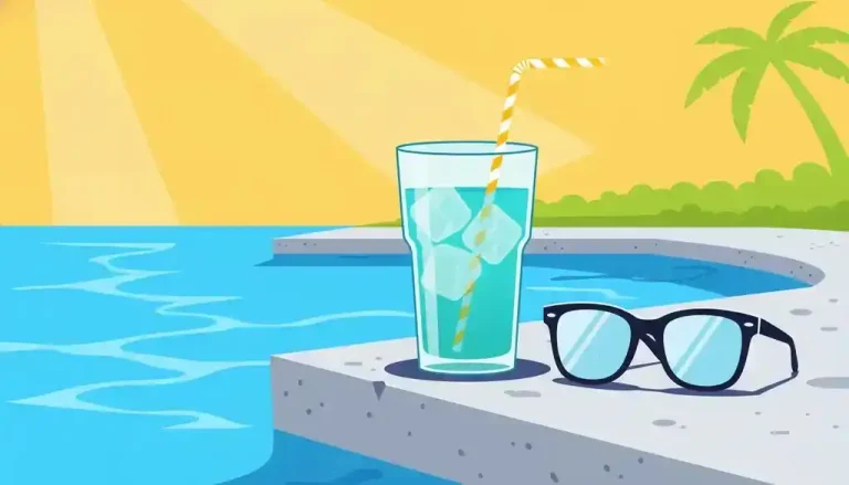 Тропический коктейль и солнечные очки у бассейна — иллюстрация к статье о том, покрывает ли туристическая страховка алкоголь