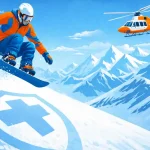 Сноубордист в прыжке и спасательный вертолет — иллюстрация к статье про горнолыжную страховку и эвакуацию со склона