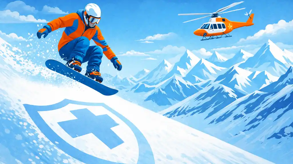 Сноубордист в прыжке и спасательный вертолет — иллюстрация к статье про горнолыжную страховку и эвакуацию со склона