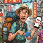 Растерянный турист в Китае с неработающим телефоном и картой Visa — иллюстрация проблем со связью и оплатой для статьи о туристической страховке