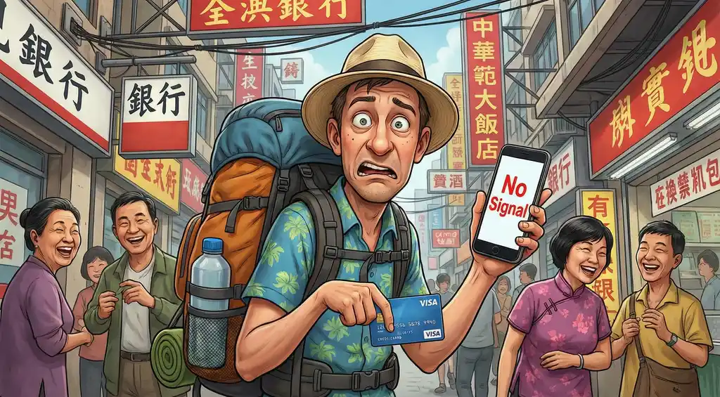 Растерянный турист в Китае с неработающим телефоном и картой Visa — иллюстрация проблем со связью и оплатой для статьи о туристической страховке