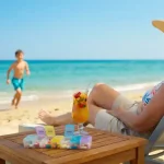 Пожилая женщина отдыхает на пляже рядом с органайзером для таблеток — иллюстрация к статье о туристической страховке при хронических заболеваниях
