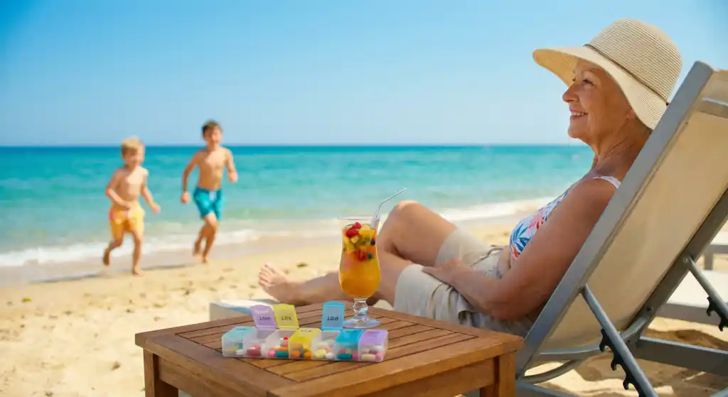 Пожилая женщина отдыхает на пляже рядом с органайзером для таблеток — иллюстрация к статье о туристической страховке при хронических заболеваниях