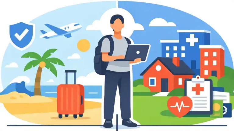 Иллюстрация цифрового кочевника между туристическим образом жизни и долгосрочным проживанием за границей в контексте выбора страховки