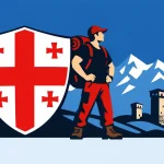 Турист под защитой щита с флагом Грузии на фоне гор. Символ медицинской страховки для поездки