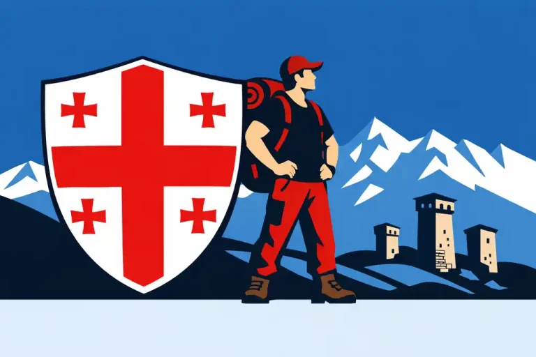 Турист под защитой щита с флагом Грузии на фоне гор. Символ медицинской страховки для поездки