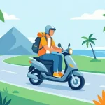 Цифровой кочевник на скутере в шлеме едет по тропической дороге в Азии — страховка Genki для байка
