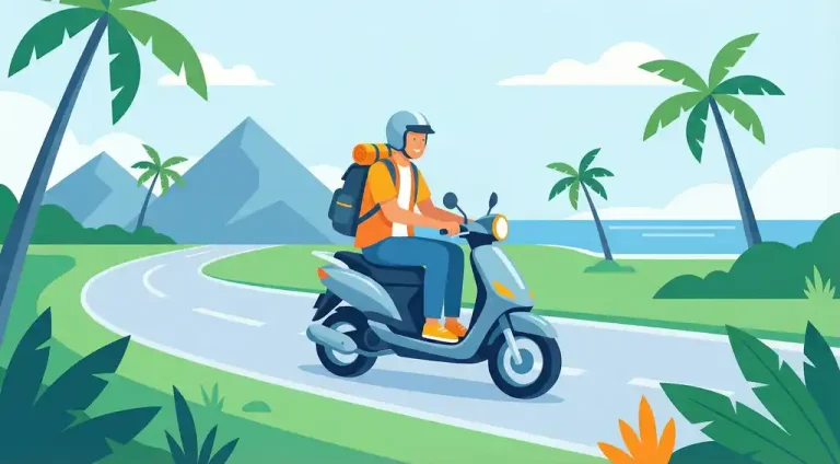 Цифровой кочевник на скутере в шлеме едет по тропической дороге в Азии — страховка Genki для байка