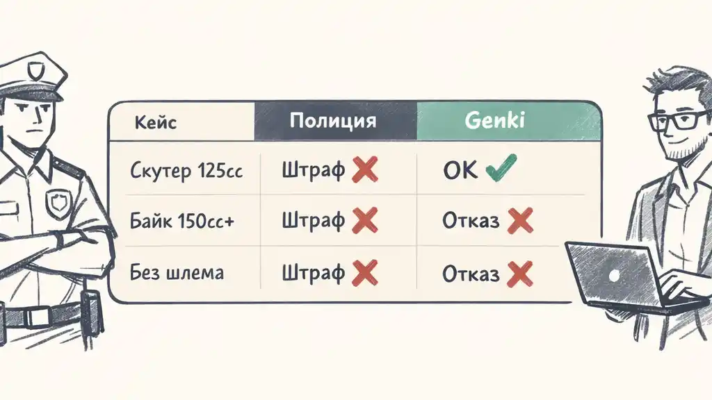 Горизонтальная инфографика в стиле скетч: сравнение ответственности перед законом и страховой защитой Genki