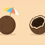 Минималистичная иллюстрация: два кокоса на песочном фоне. Левый кокос цел, украшен ярким зонтиком и трубочкой; правый — с трещиной и пустой внутри, символизирует эмоциональное истощение на фоне внешнего благополучия