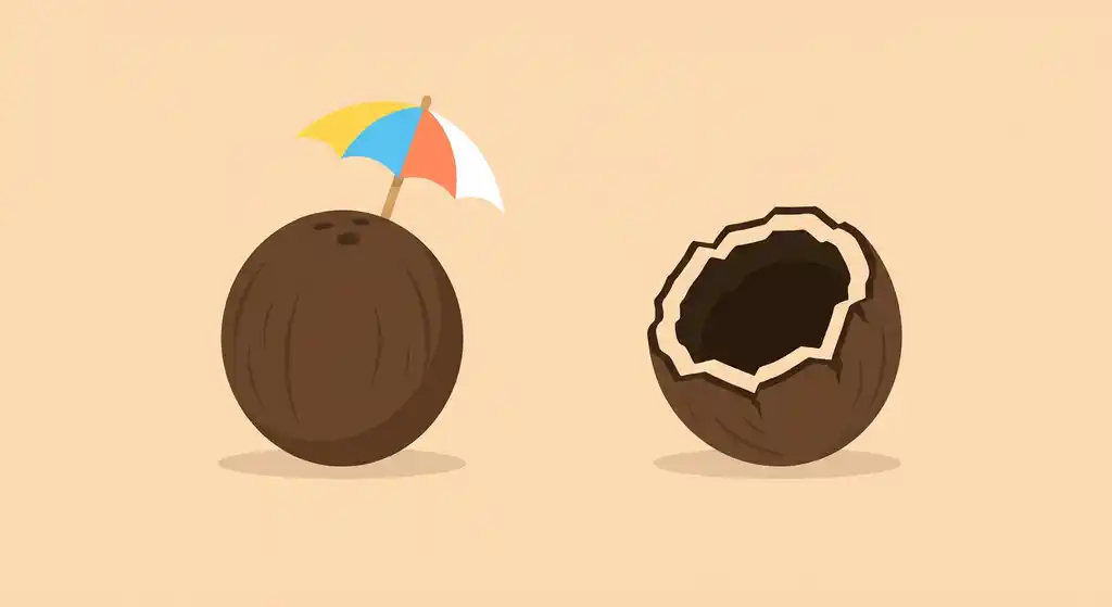 Минималистичная иллюстрация: два кокоса на песочном фоне. Левый кокос цел, украшен ярким зонтиком и трубочкой; правый — с трещиной и пустой внутри, символизирует эмоциональное истощение на фоне внешнего благополучия