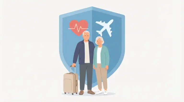 📁 Название файла strahovka-65-plus-dlya-pozhilyh-turistov-flat-illustration-16x9.jpg (латиница, через дефисы, с ключом 65+ и смыслом статьи) 🏷 Alt-описание Пожилая пара путешественников 65+ под защитным щитом с иконками сердца и самолета — иллюстрация к статье о туристической страховке для пожилых