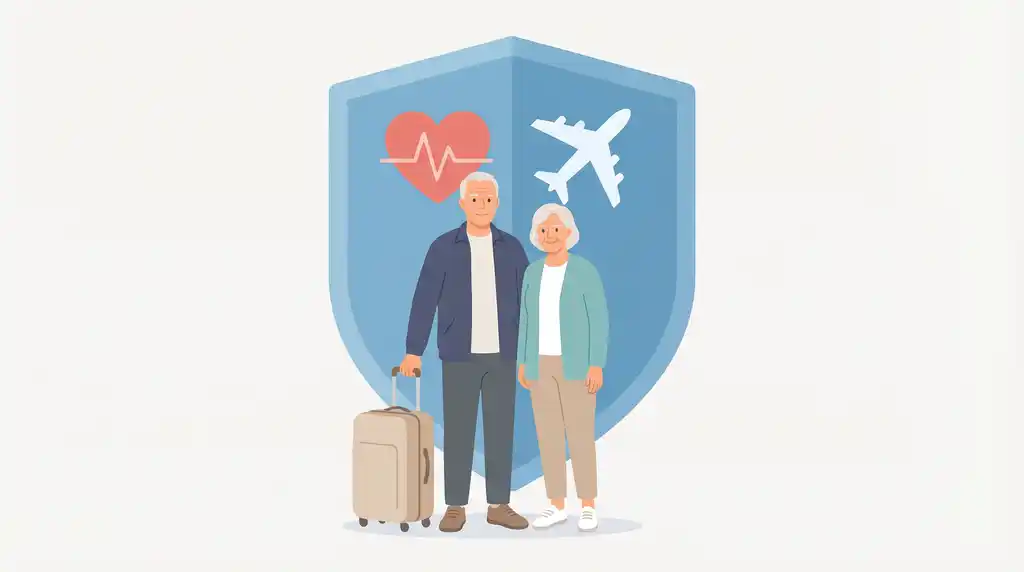 📁 Название файла strahovka-65-plus-dlya-pozhilyh-turistov-flat-illustration-16x9.jpg (латиница, через дефисы, с ключом 65+ и смыслом статьи) 🏷 Alt-описание Пожилая пара путешественников 65+ под защитным щитом с иконками сердца и самолета — иллюстрация к статье о туристической страховке для пожилых