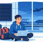 Цифровой кочевник с ноутбуком и чемоданом в терминале аэропорта смотрит на табло с отменёнными рейсами