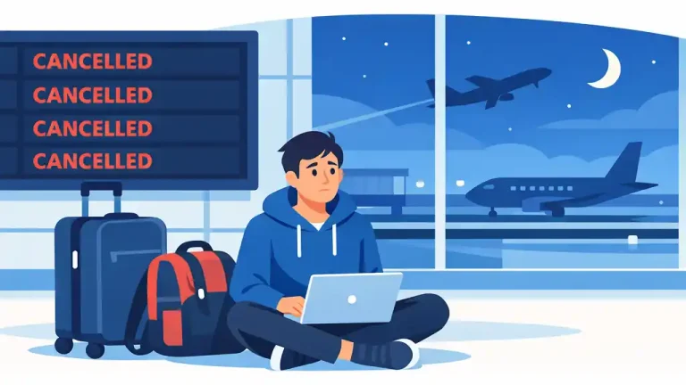 Цифровой кочевник с ноутбуком и чемоданом в терминале аэропорта смотрит на табло с отменёнными рейсами