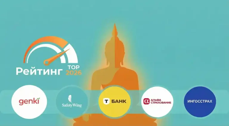 Современная плоская иллюстрация (modern flat) для статьи о страховании в Таиланде 2026. На бирюзовом фоне изображен золотистый силуэт храма Ват Арун, окруженный логотипами страховых компаний Genki, SafetyWing, Т-Банк, АльфаСтрахование и Ингосстрах. Слева расположена иконка пятизвездочного рейтинга и заголовок «ТОП-5 страховок».