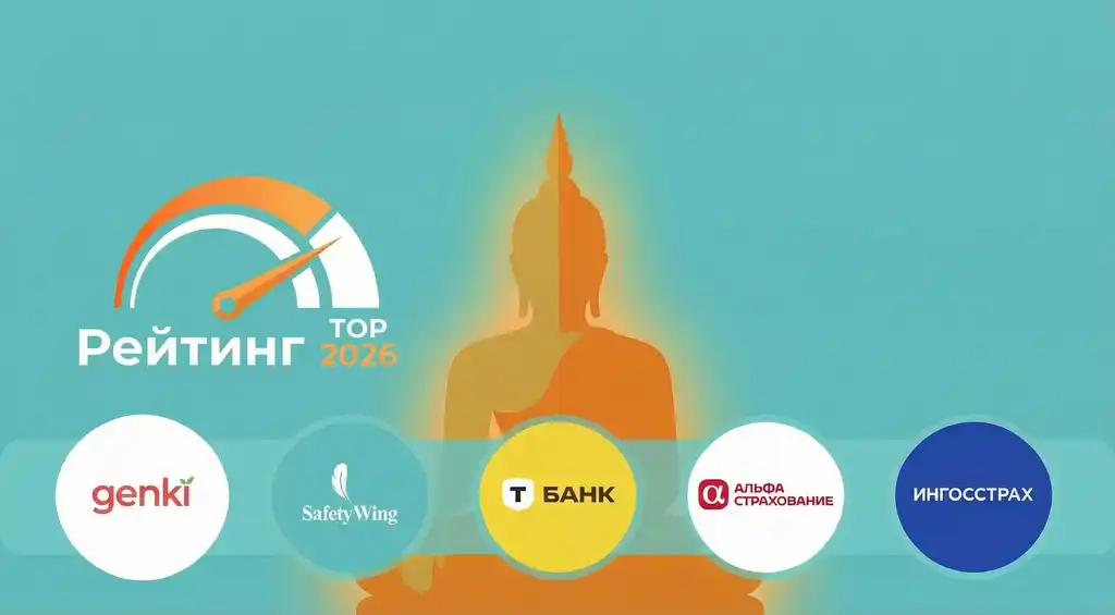 Современная плоская иллюстрация (modern flat) для статьи о страховании в Таиланде 2026. На бирюзовом фоне изображен золотистый силуэт храма Ват Арун, окруженный логотипами страховых компаний Genki, SafetyWing, Т-Банк, АльфаСтрахование и Ингосстрах. Слева расположена иконка пятизвездочного рейтинга и заголовок «ТОП-5 страховок».